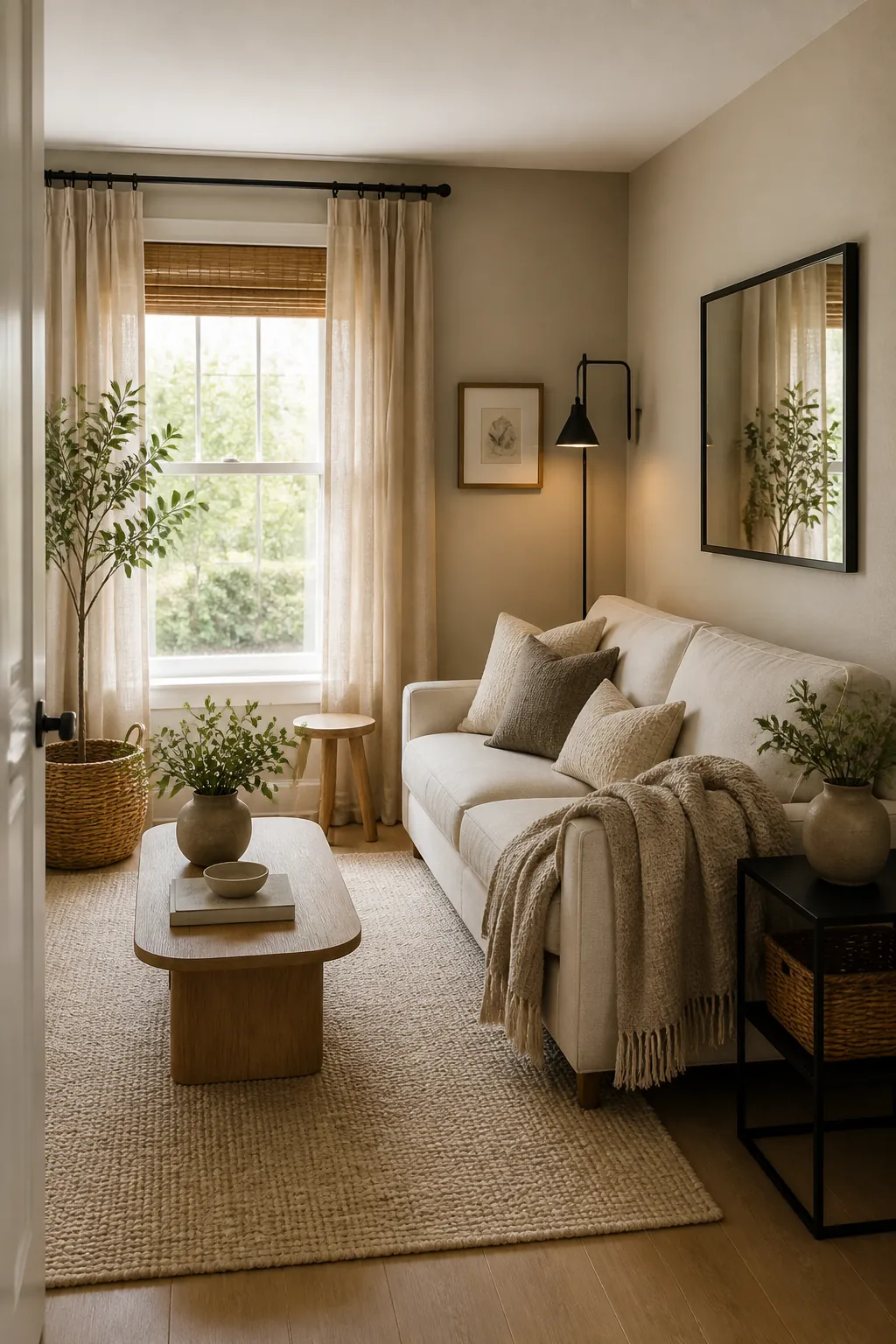 Small beige living room with slim black metal accents, compact sofa, light rug, and warm wood details