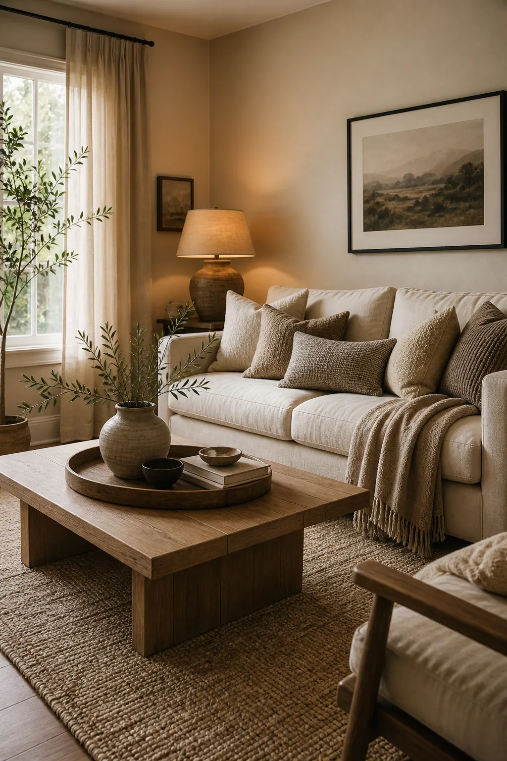Beige room decor that looks expensive on a budget with layered texture and warm lighting