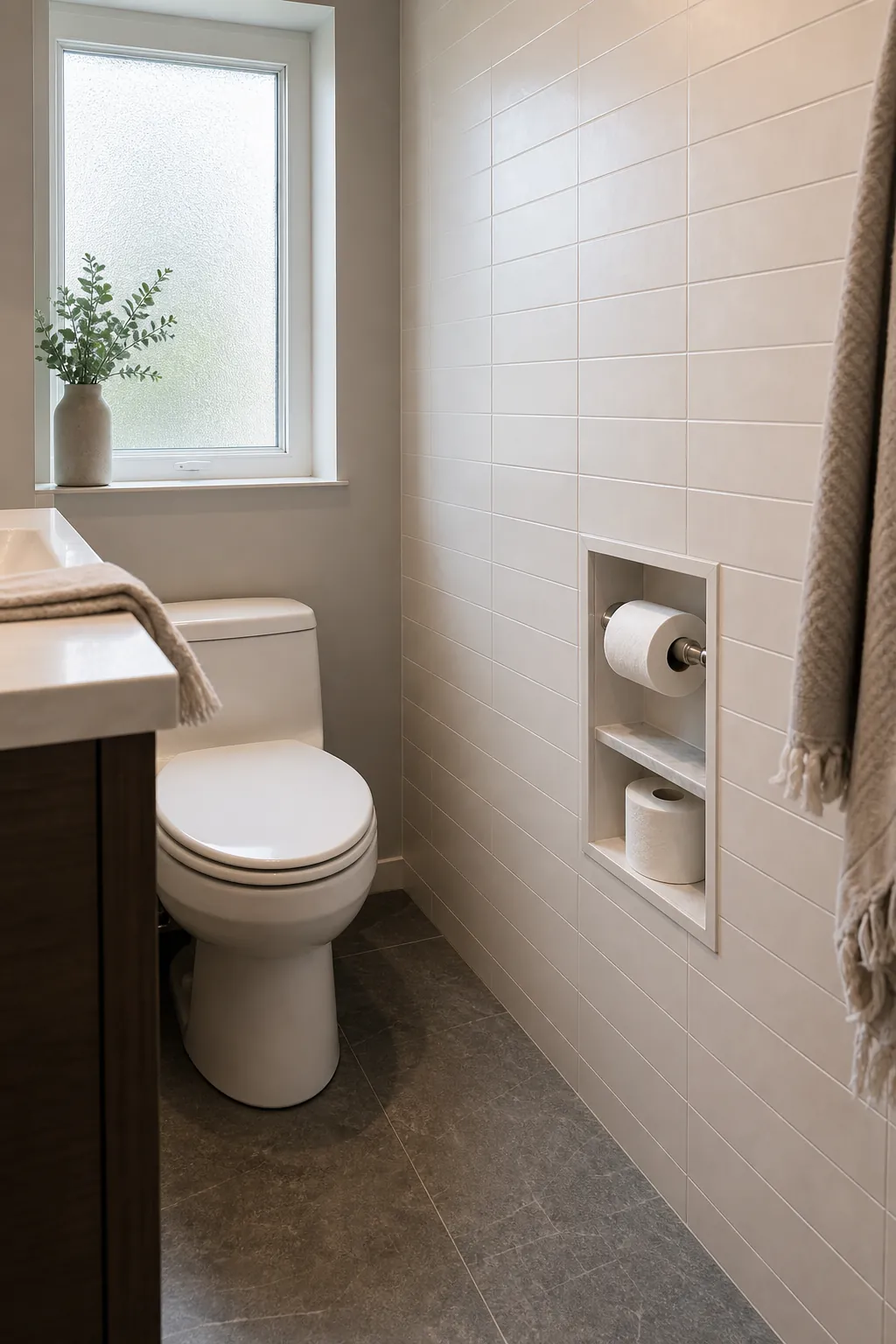 Photorealistic small bathroom with a recessed toilet paper holder built into a tiled wall