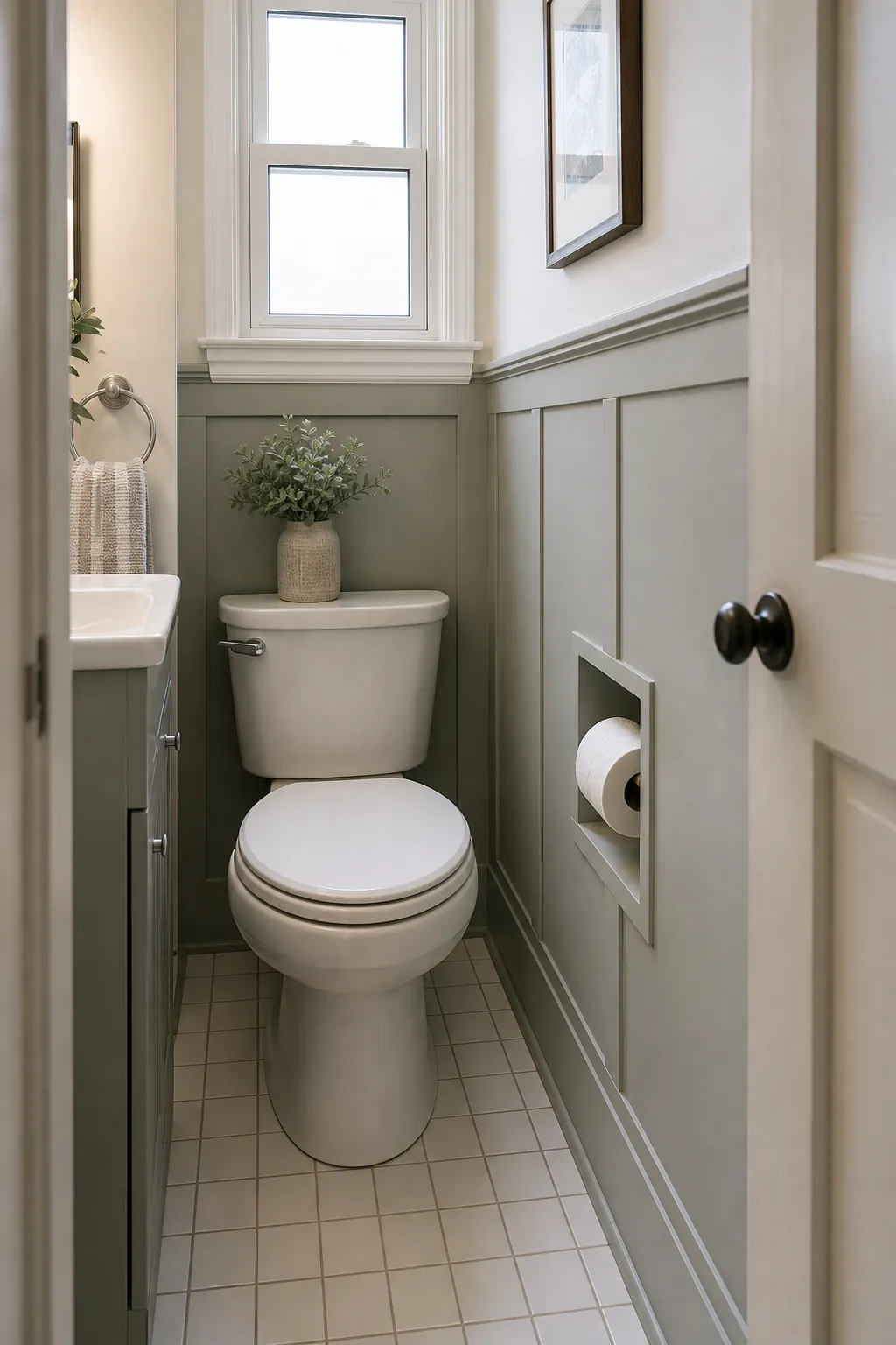 Small bathroom showing comfortable recessed toilet paper holder placement beside the toilet