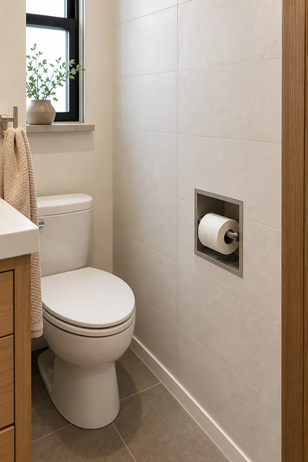 Recessed toilet paper holder built into a tiled bathroom wall beside a compact toilet