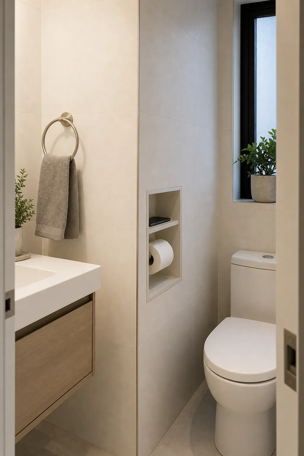 Hidden toilet paper holder inside a clean bathroom niche with matching tile trim