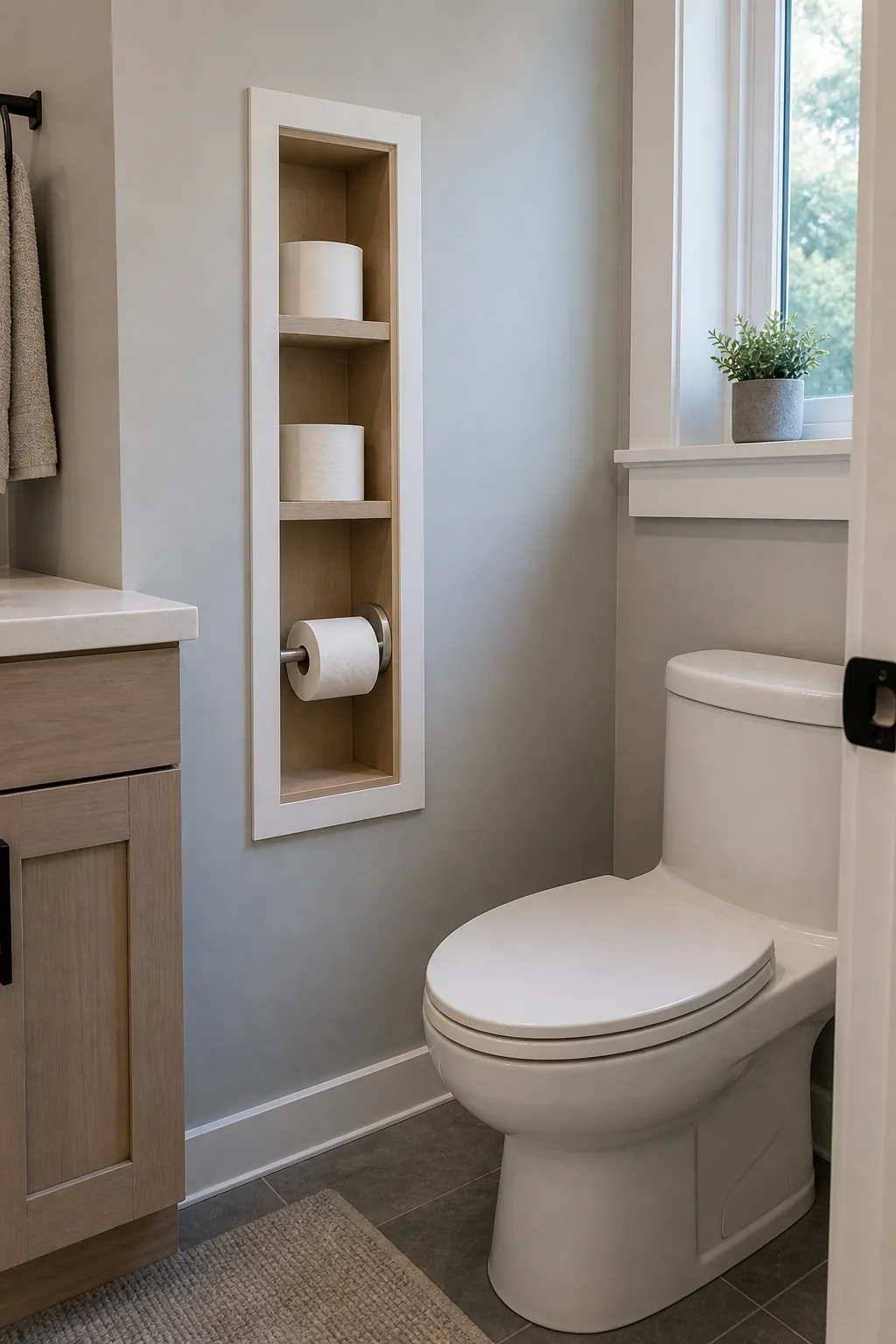 Recessed bathroom shelves storing toilet paper beside a compact toilet