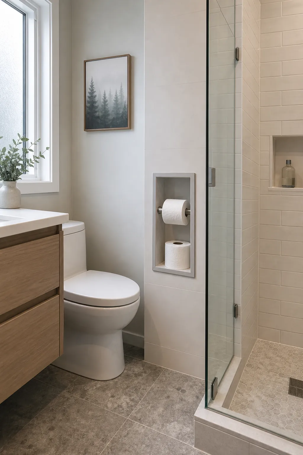 Recessed toilet paper holder placed on a dry side wall near a glass shower