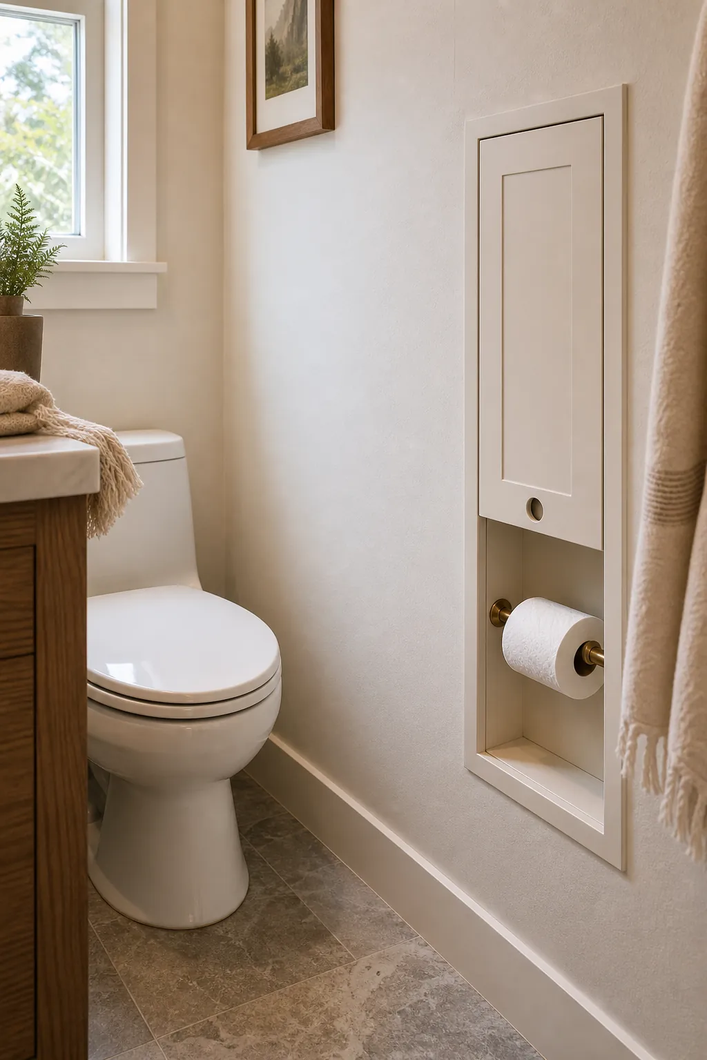 Recessed bathroom cabinet with built in toilet paper holder and hidden storage