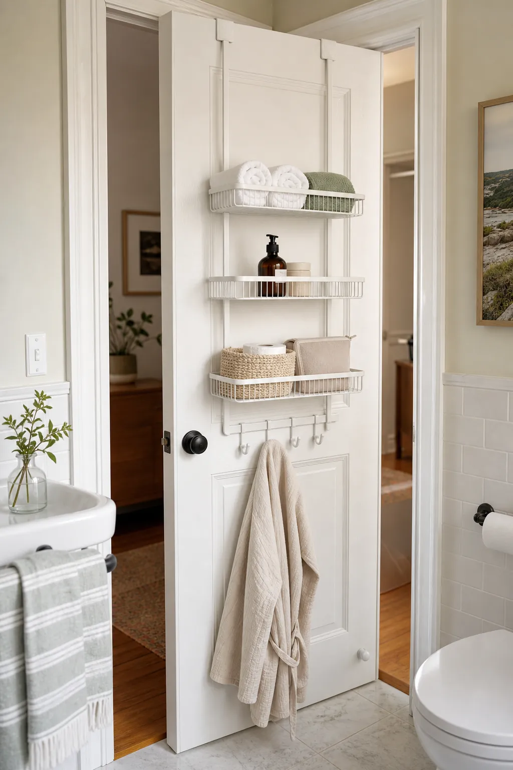 Compact bathroom door hanging storage with towels shelves and hooks in a small bathroom