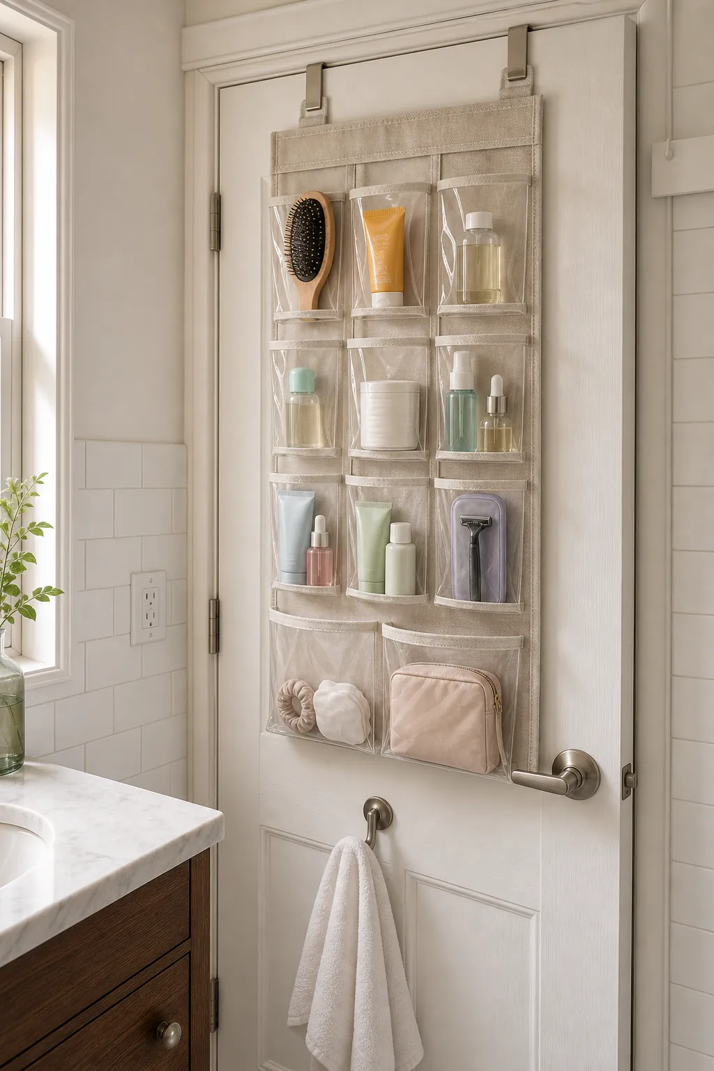 Clear pocket bathroom door organizer holding lightweight toiletries in a small rental bathroom