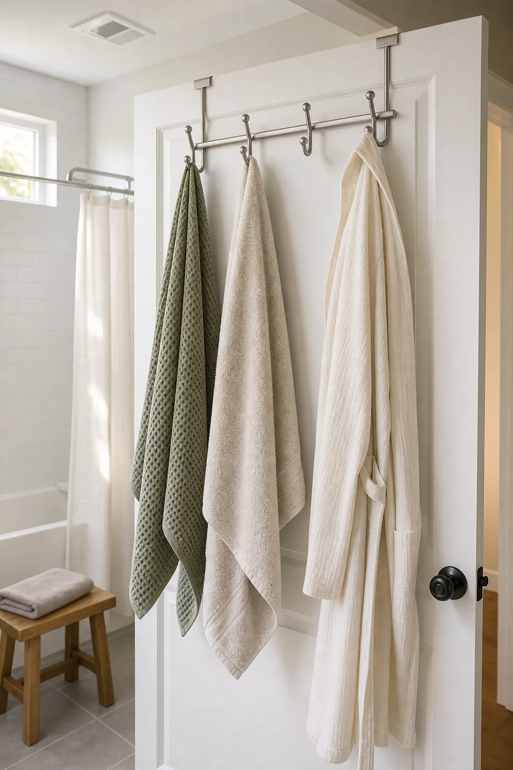 Over door towel hook rail with spaced towels and robe in a small bathroom