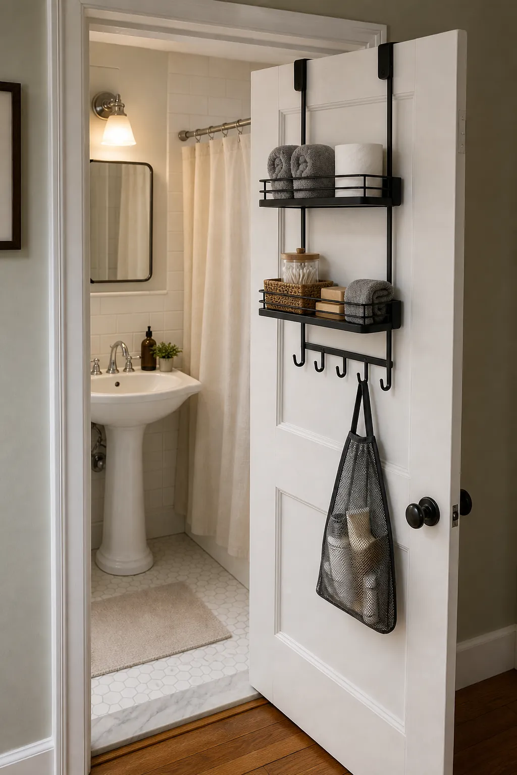 Slim over door shelf holding backup bathroom supplies on the back of a small bathroom door