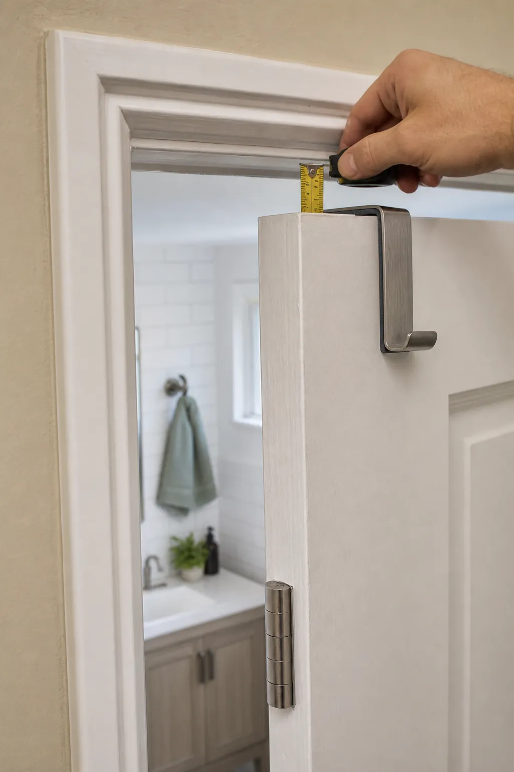Measuring the top clearance of a bathroom door before installing an over door organizer