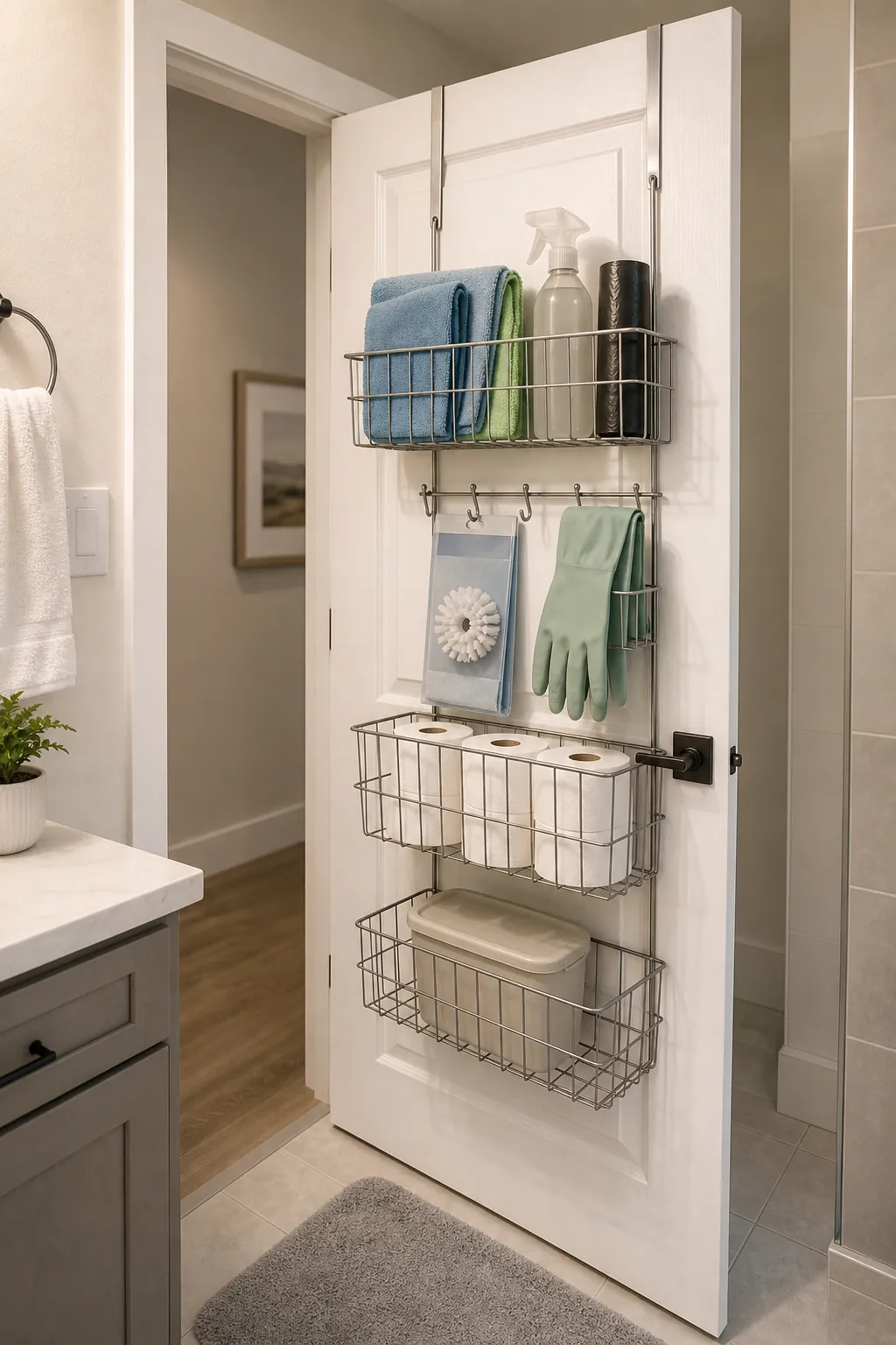 Back of bathroom door wire rack holding cleaning cloths gloves and spare paper goods