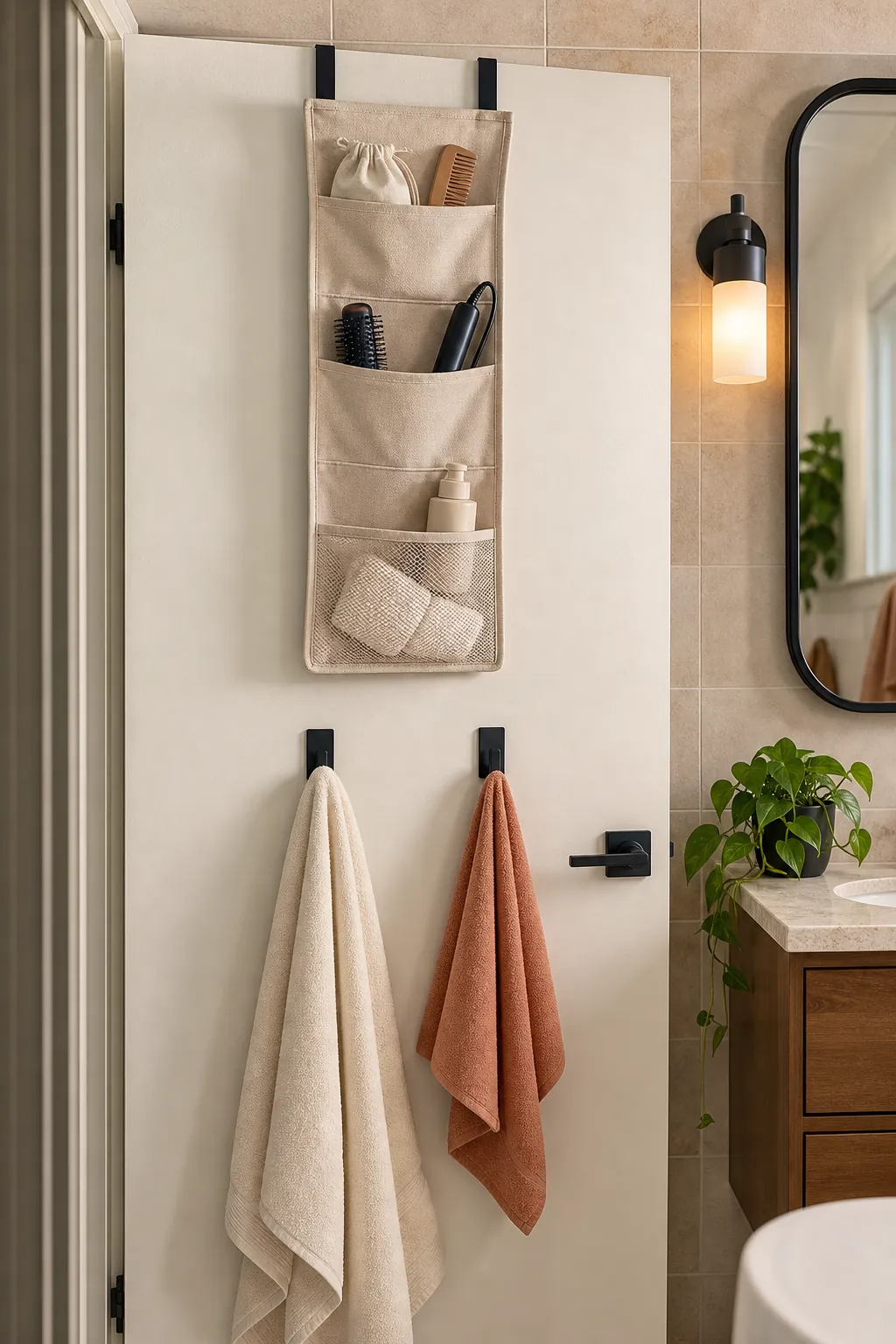 Renter friendly bathroom door hanging organizer with fabric pockets and towel hooks