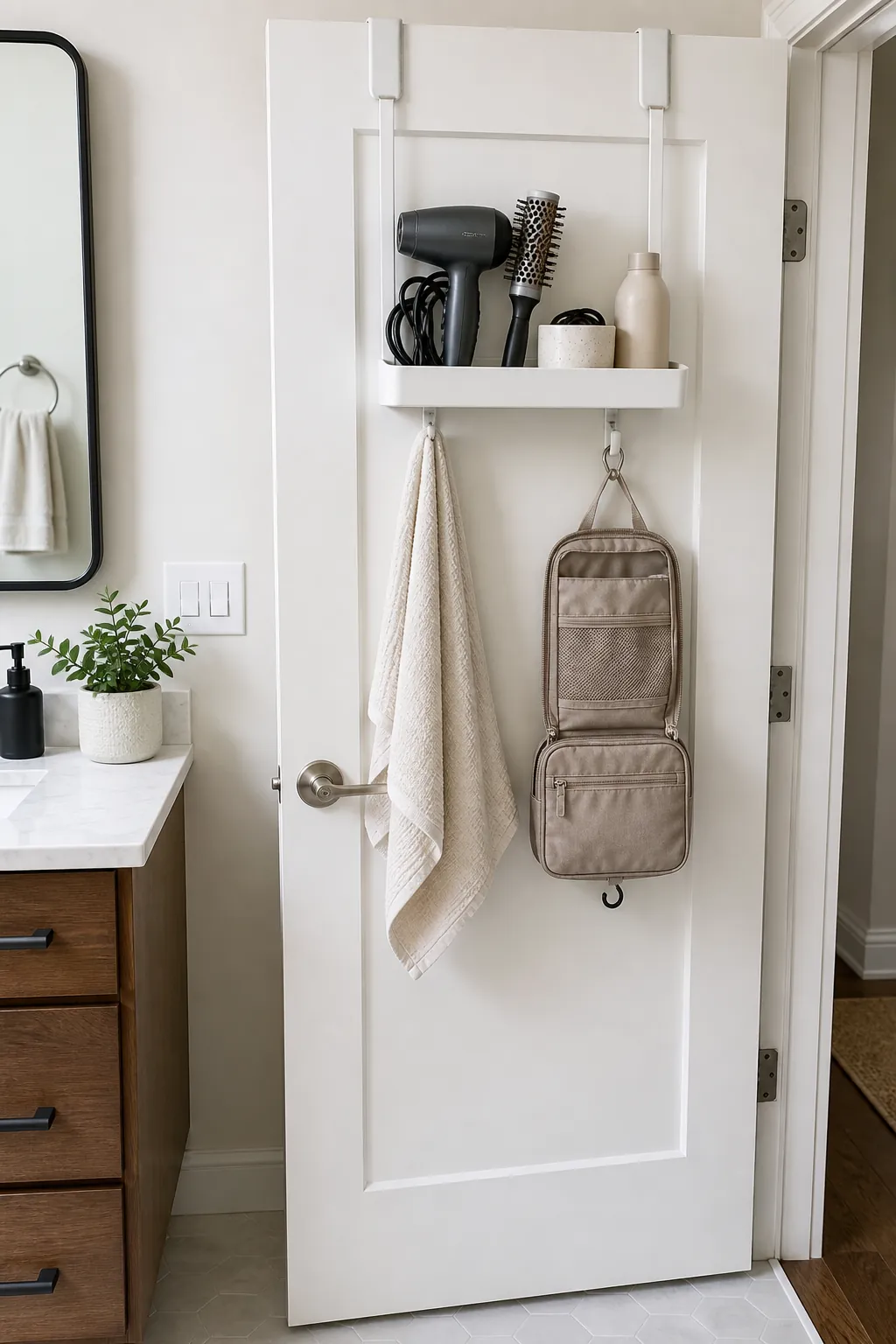 Bathroom door organizer used as a morning routine caddy for hair tools and hand towels