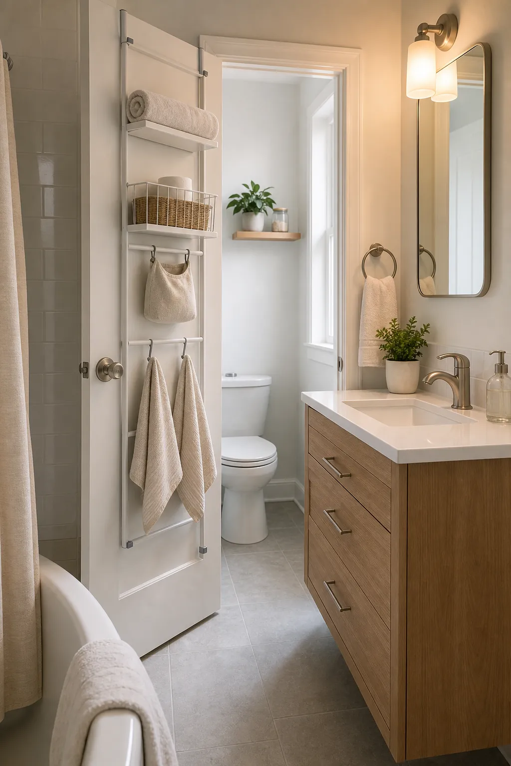 Polished tiny bathroom layout with balanced bathroom door hanging storage and clear vanity counter