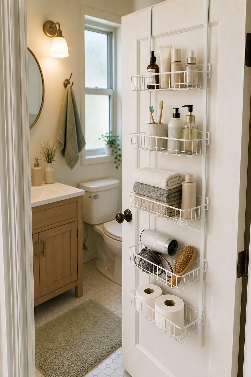 Featured image of a slim bathroom door organizer in a tiny bathroom