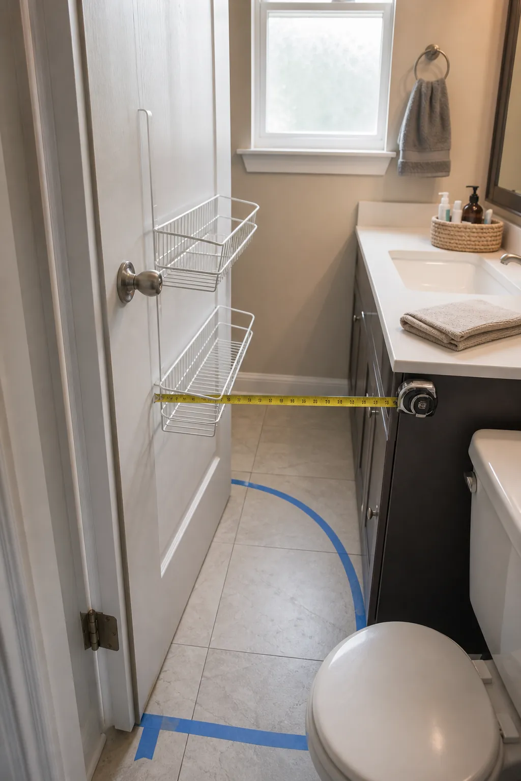 Measuring bathroom door clearance before adding an over the door organizer