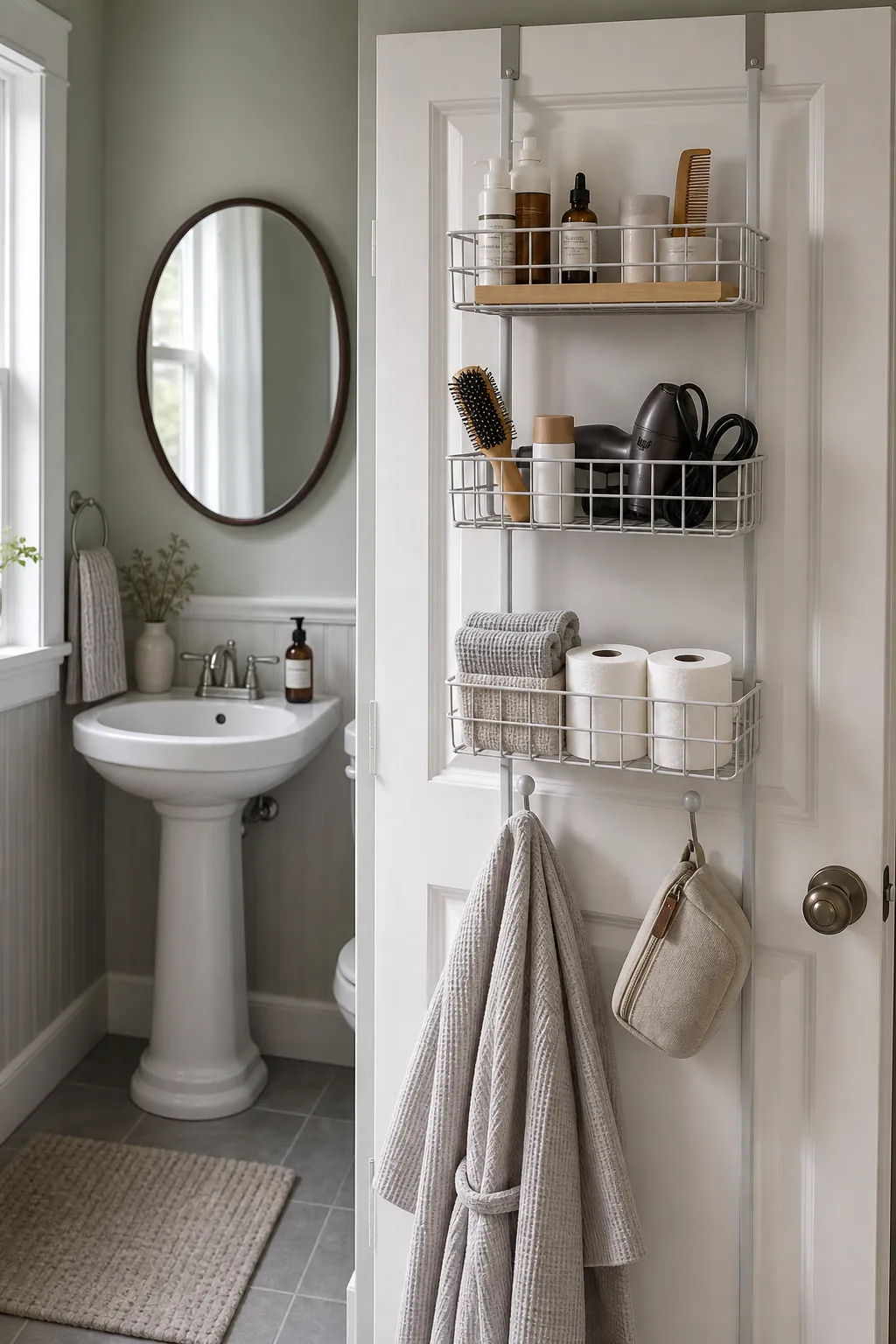 Over the door bathroom organizer divided into daily toiletries hair tools and towel zones