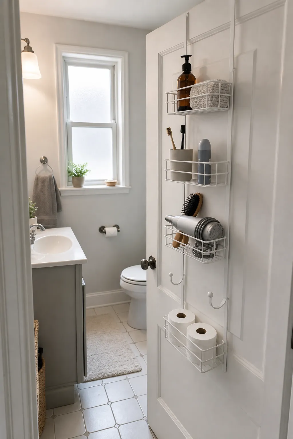 Slim white bathroom door organizer with toiletries and towels in a tiny bathroom