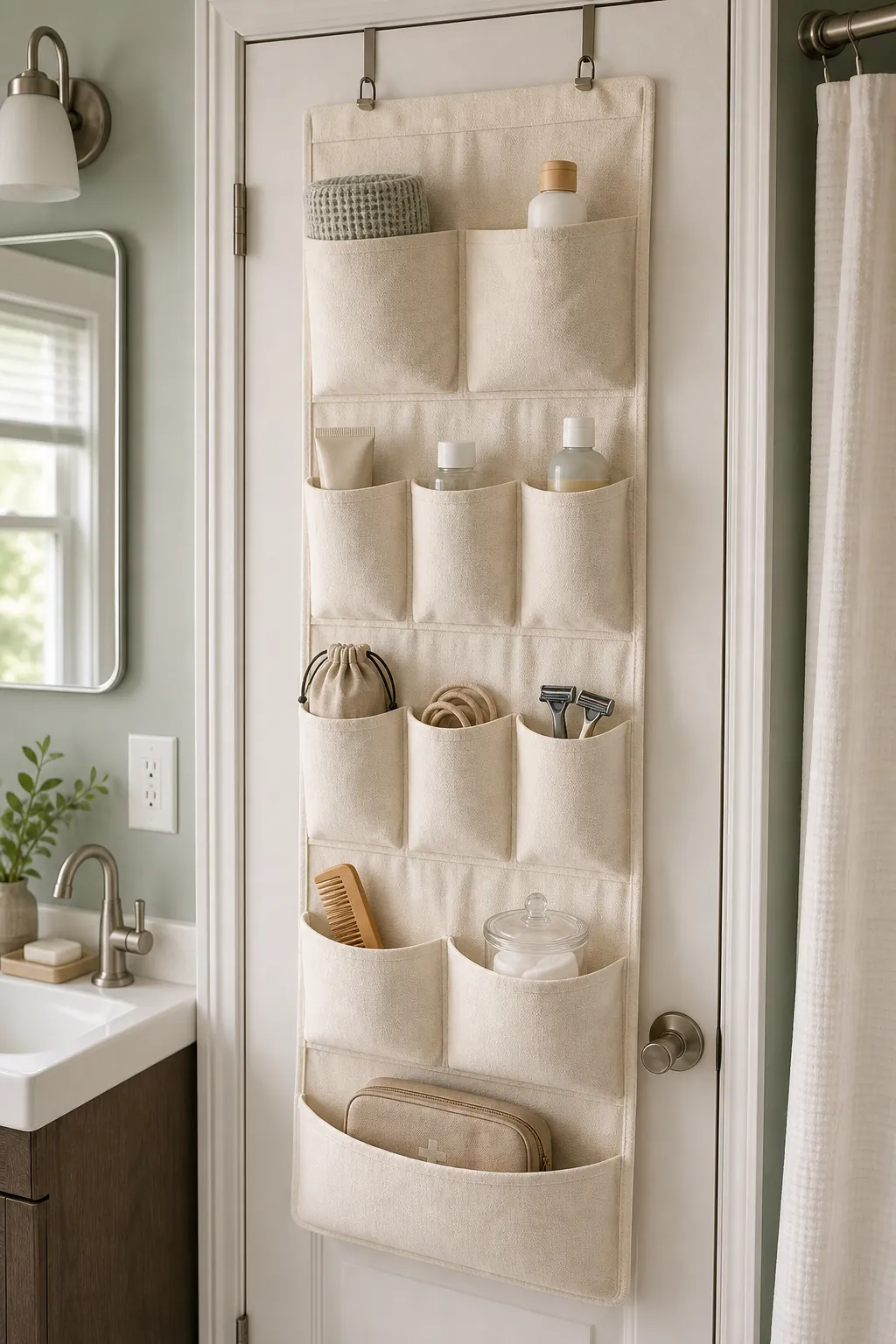 Cream fabric pocket bathroom door organizer hiding small toiletries and towels