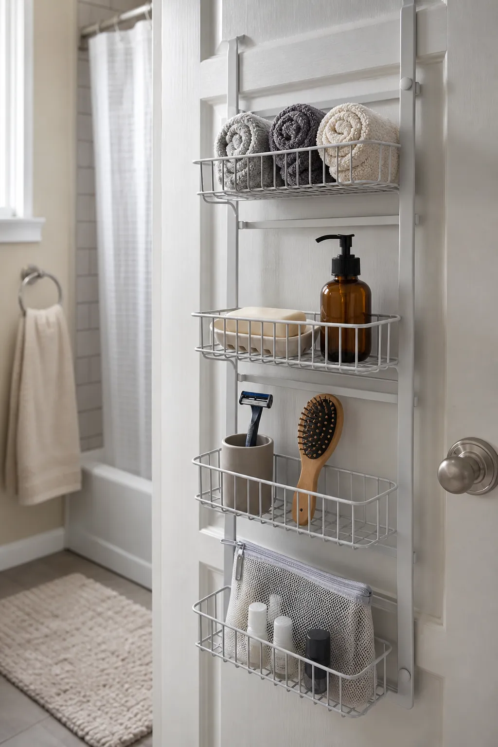 Humidity safe wire bathroom door organizer with breathable baskets for toiletries