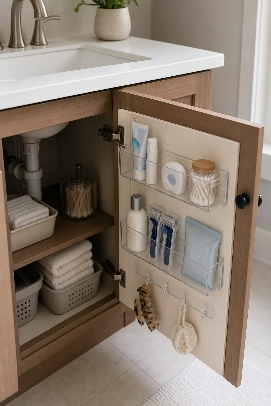 Inside cabinet door organizer for bathroom toiletries under a compact vanity