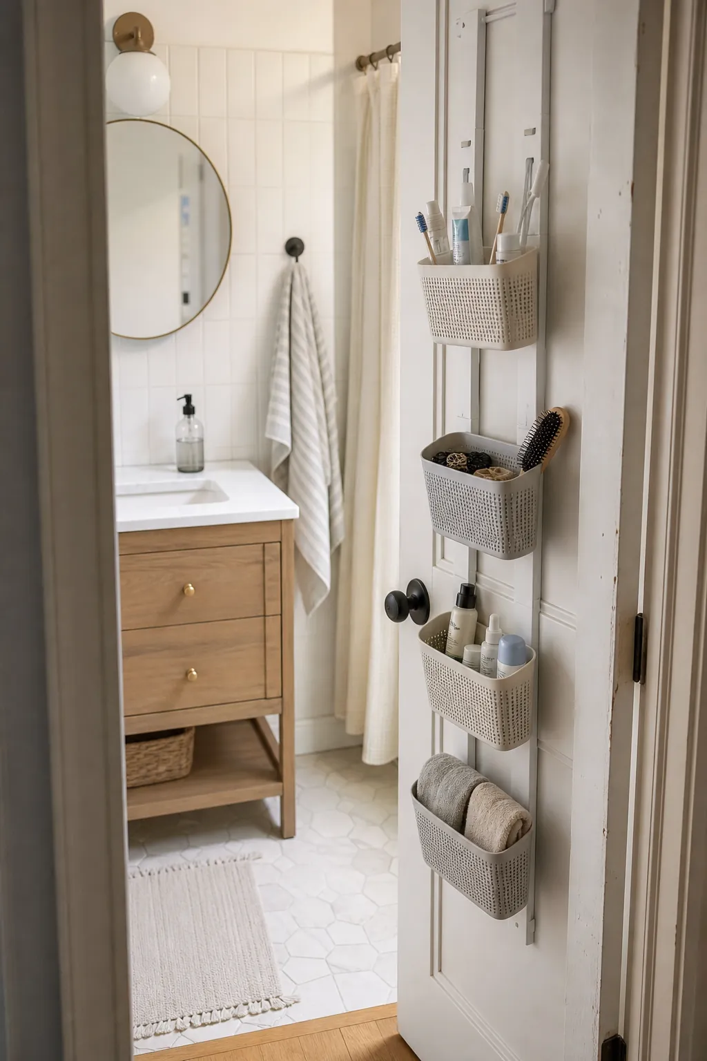 Shared bathroom door organizer with grouped baskets for dental hair and skincare items