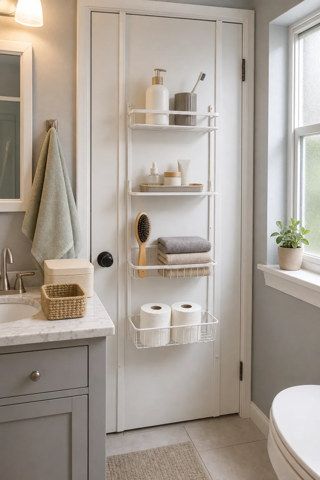 Decluttered bathroom door organizer with only daily toiletries towels and toilet paper