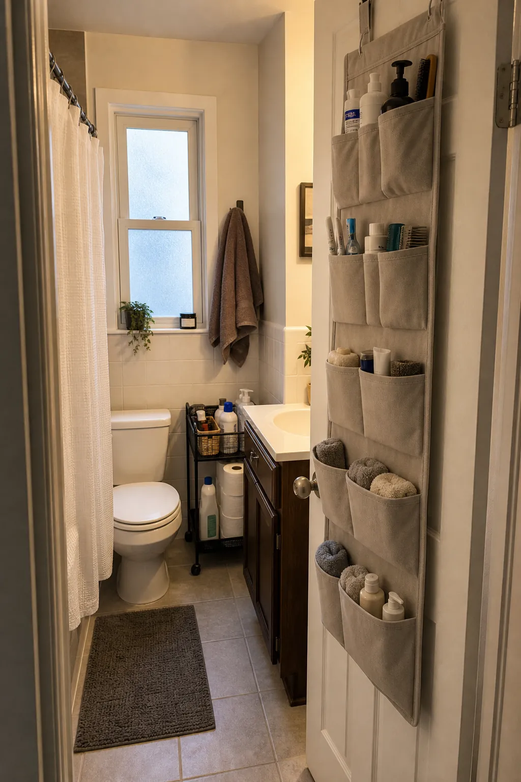 Tiny bathroom storage system with door organizer and narrow rolling cart for backups