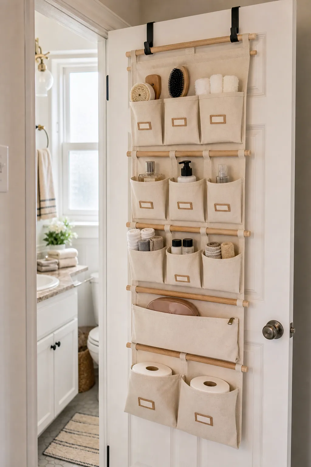 Finished DIY over door bathroom organizer with canvas pockets, wood dowels, and slim black hooks