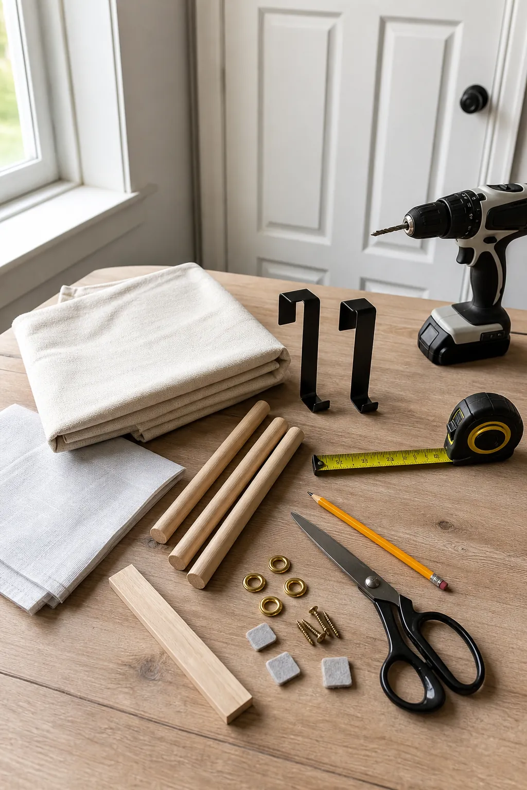 Materials arranged for a DIY over door bathroom organizer with hooks, canvas, dowels, grommets, and felt pads