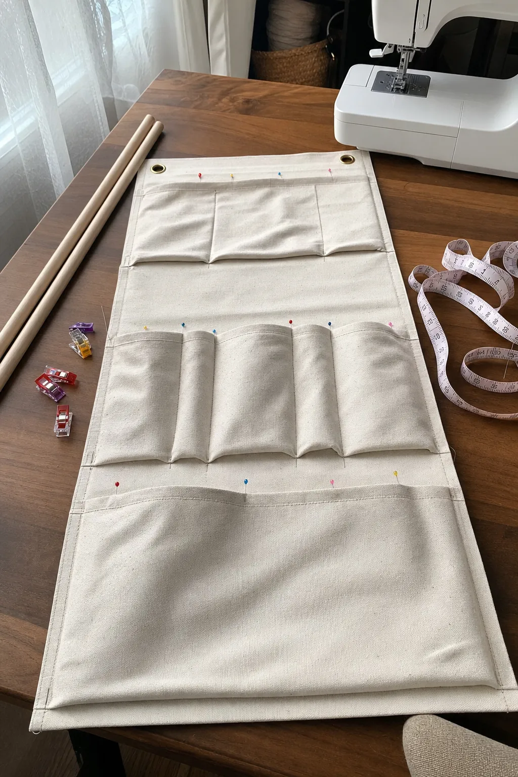 Sewing cream canvas pockets for a DIY over door bathroom organizer