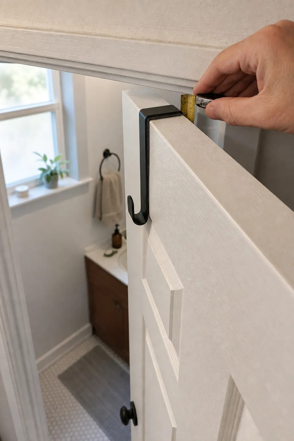 Measuring the clearance above a bathroom door before adding over door organizer hooks