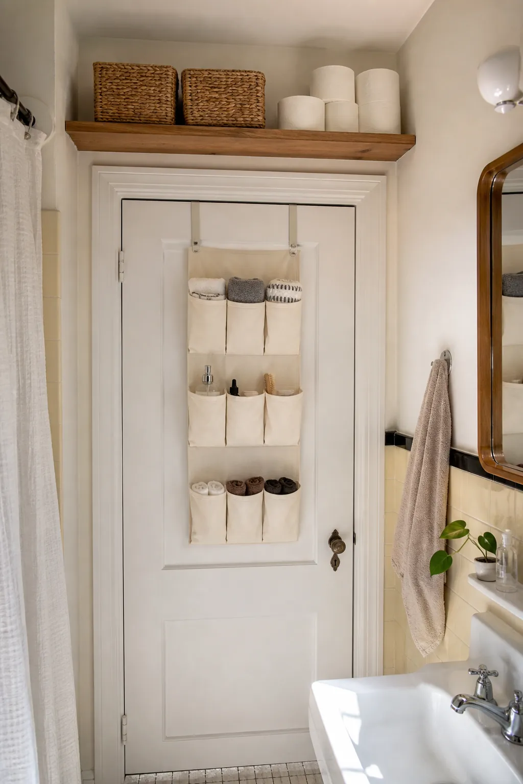 Above door bathroom shelf paired with a slim DIY over door organizer for small bathroom storage
