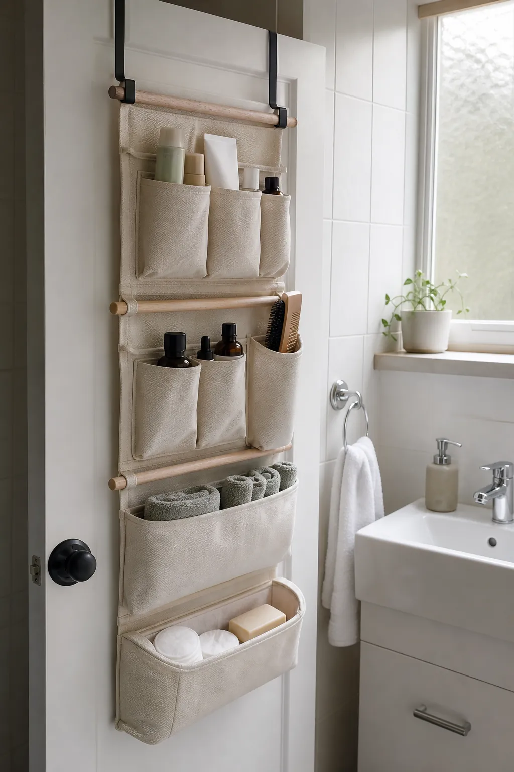 DIY bathroom door organizer with shallow canvas pockets for toiletries, brushes, towels, and cotton pads