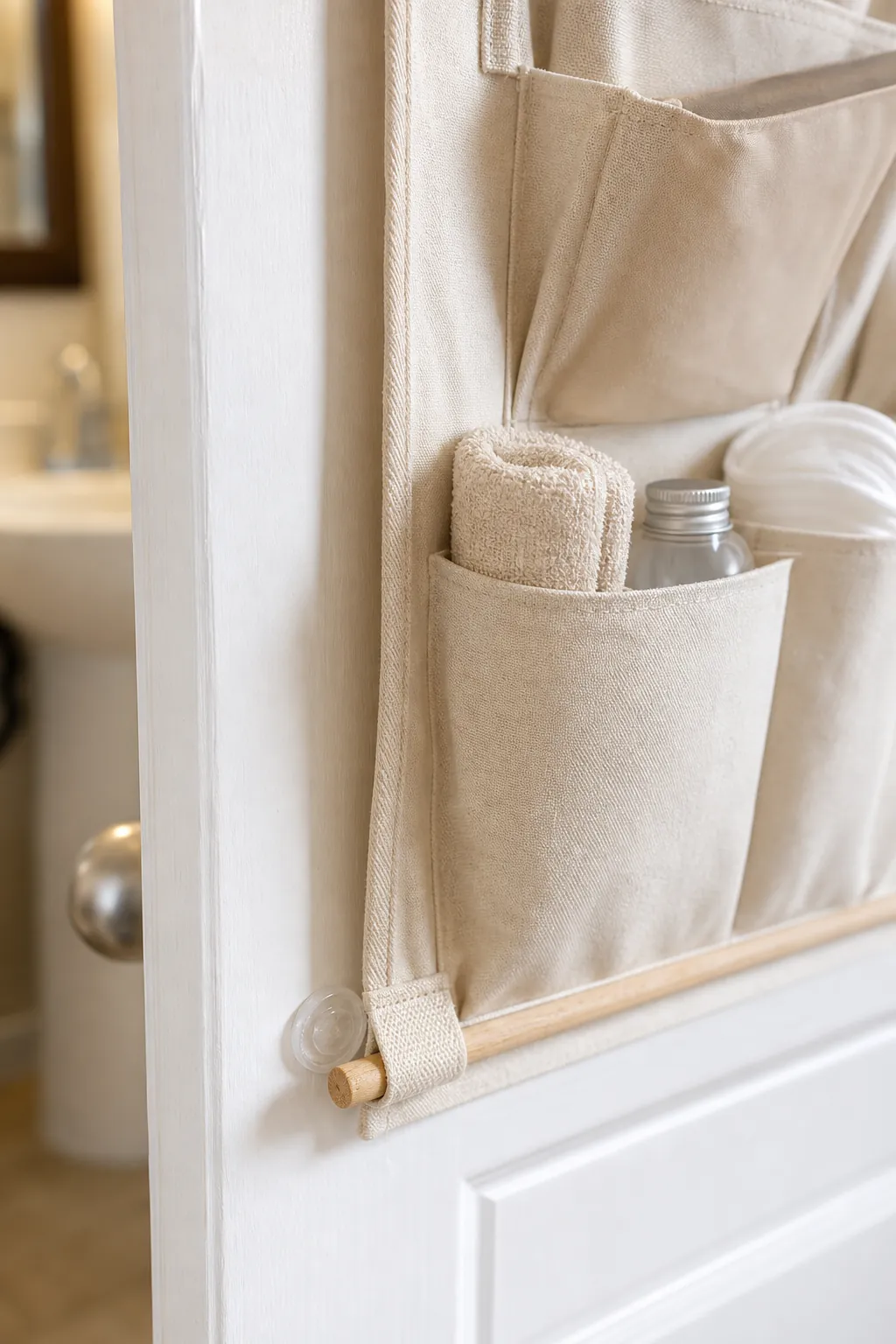 Close up of felt and silicone bumper details that keep a DIY over door organizer from rattling