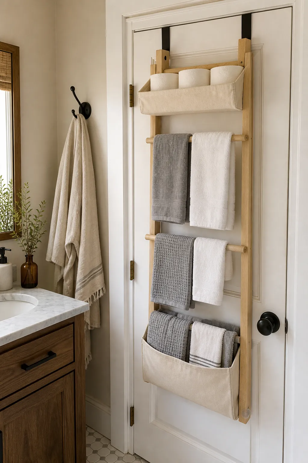 DIY over door towel and linen organizer with wood rails, canvas sling, and folded bathroom towels