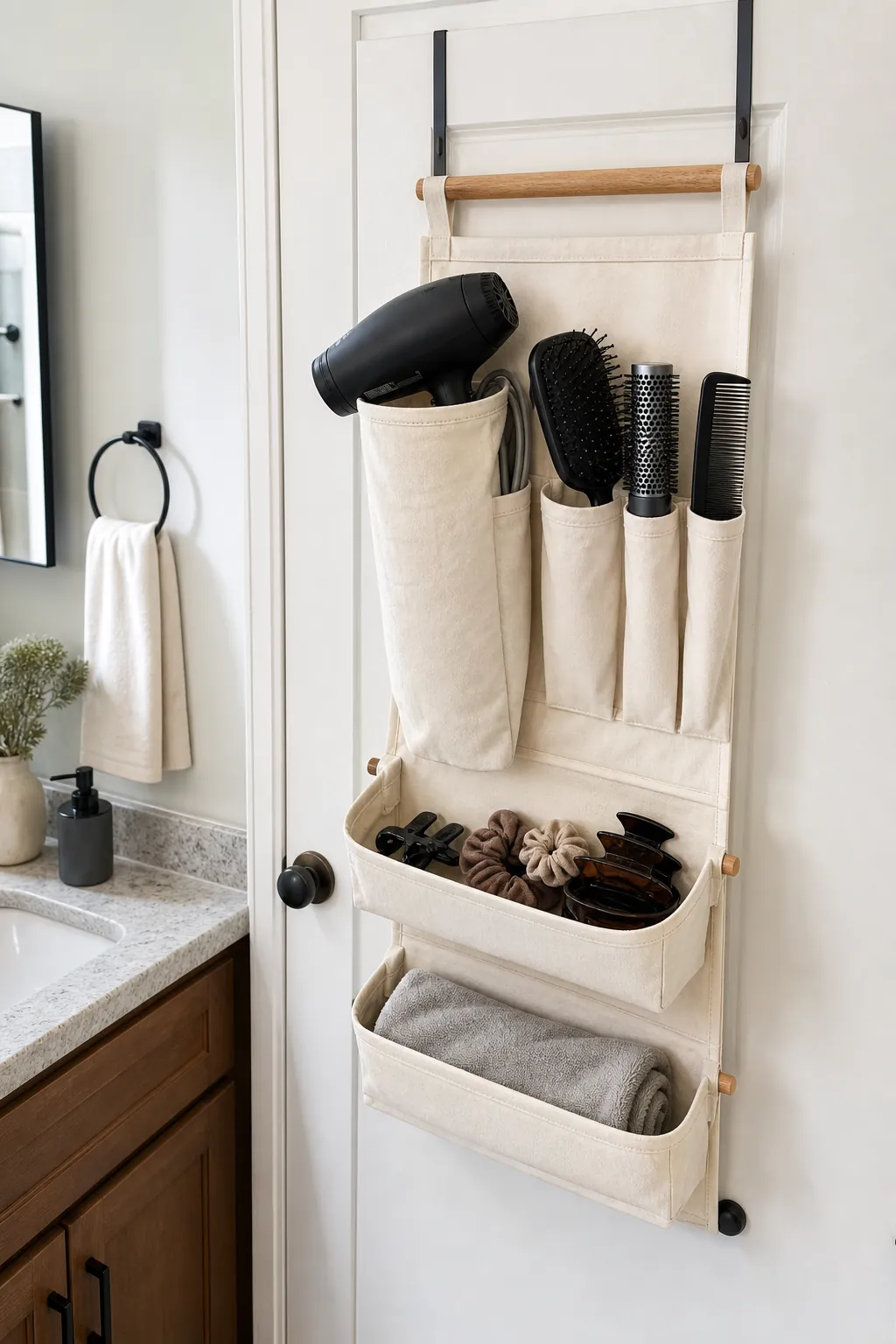 DIY over door organizer with low hair tool sleeve, brush pockets, and cord storage for a compact bathroom