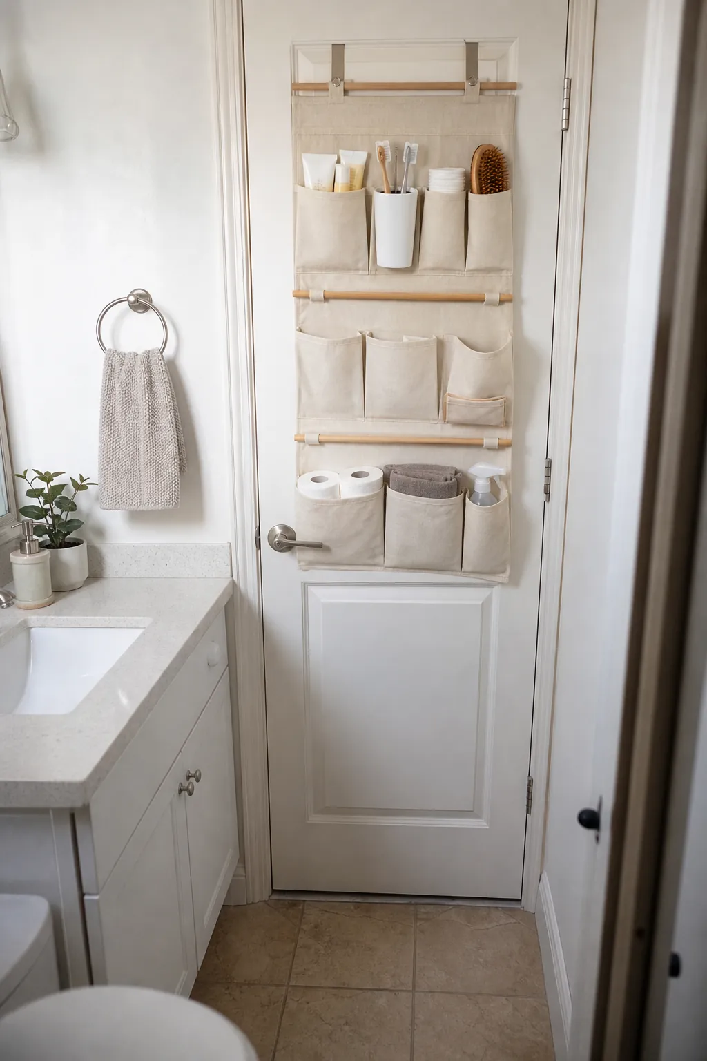 Decluttered small bathroom with clear counter and DIY over door organizer holding daily essentials