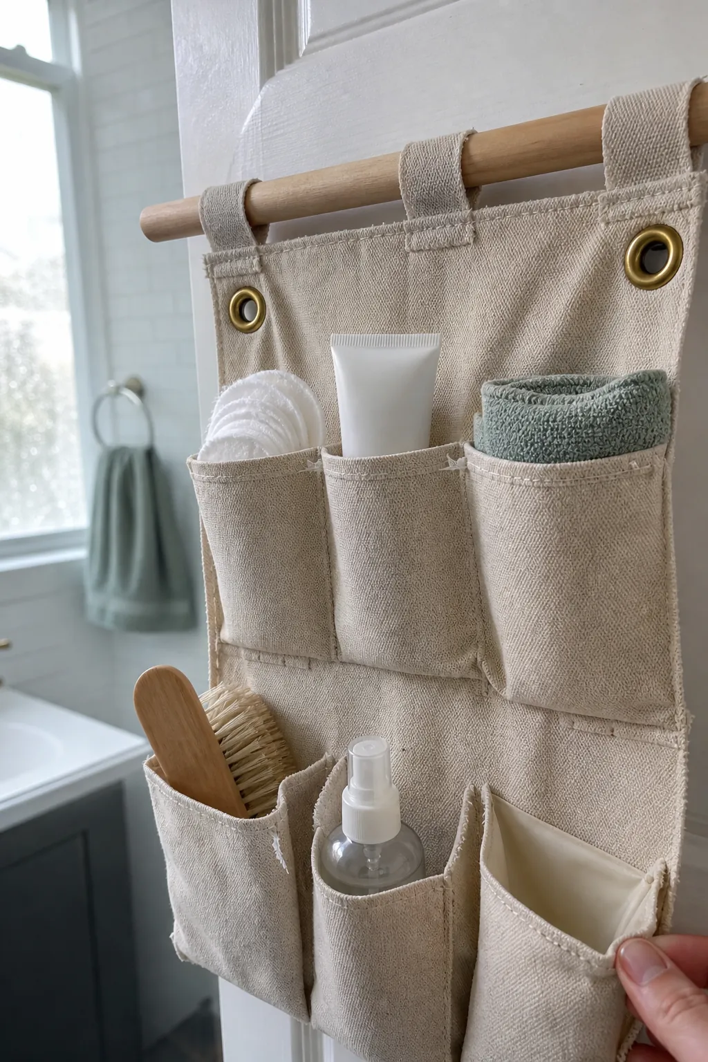 Close up of washable canvas pocket, liner, grommets, and wood dowel on a DIY bathroom door organizer