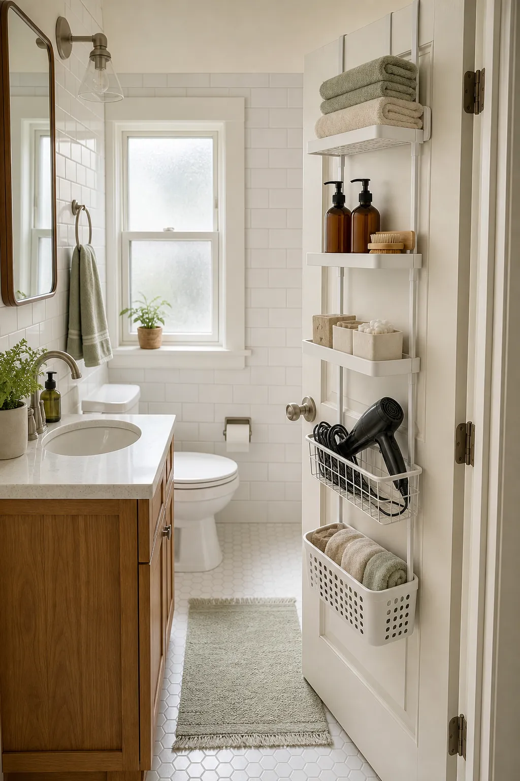 Small bathroom door with shallow over the door organizer for towels toiletries and hair tools