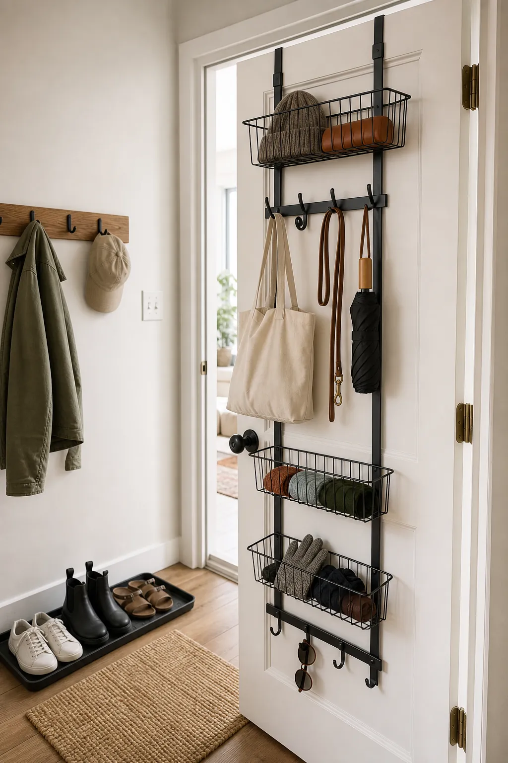 Apartment entryway door with over the door hooks and baskets for bags leashes shoes and umbrellas
