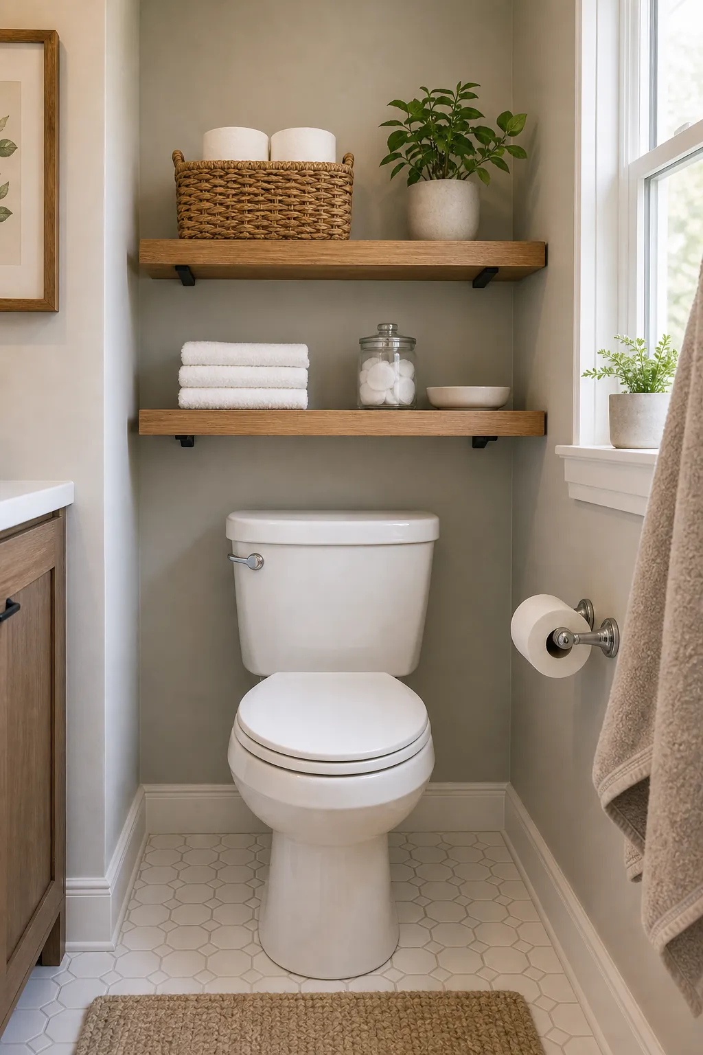 Small home interior with an open door using baskets hooks and towel storage behind the door