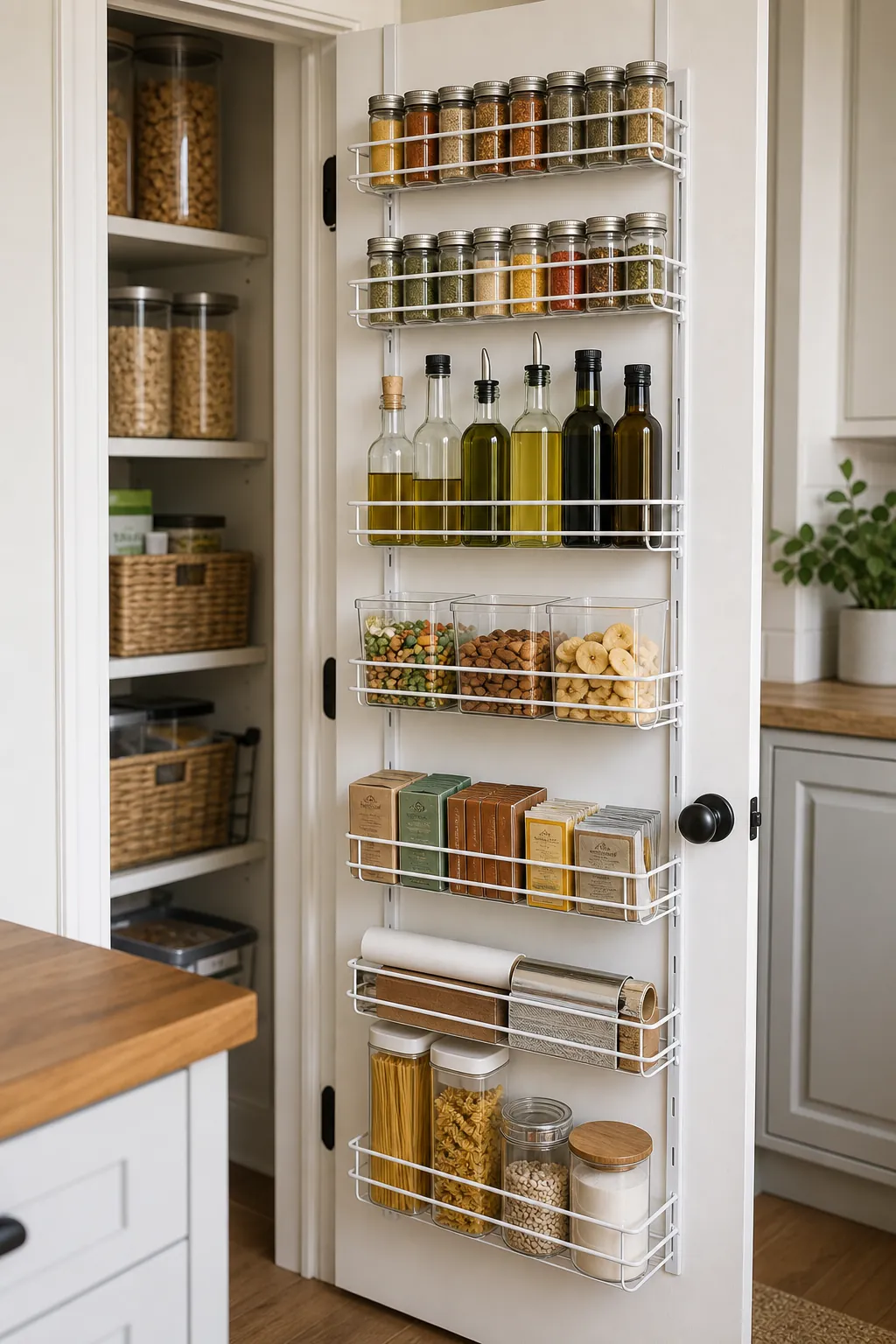 Pantry door storage rack with spices oils snacks and shallow baskets in a compact kitchen