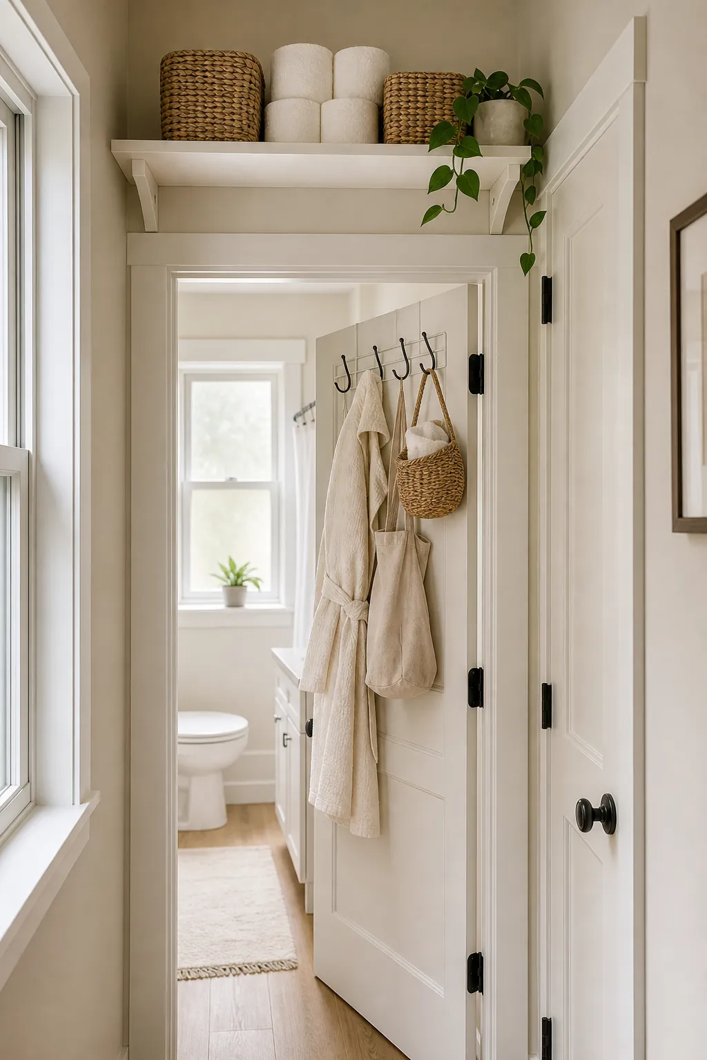 Above door storage shelf with baskets and hooks behind an interior door