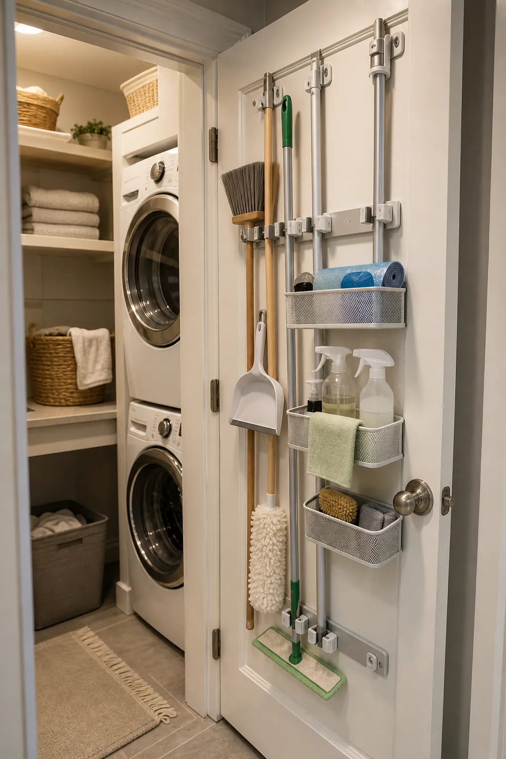 Laundry room door with mounted storage for broom mop spray bottles cloths and cleaning supplies