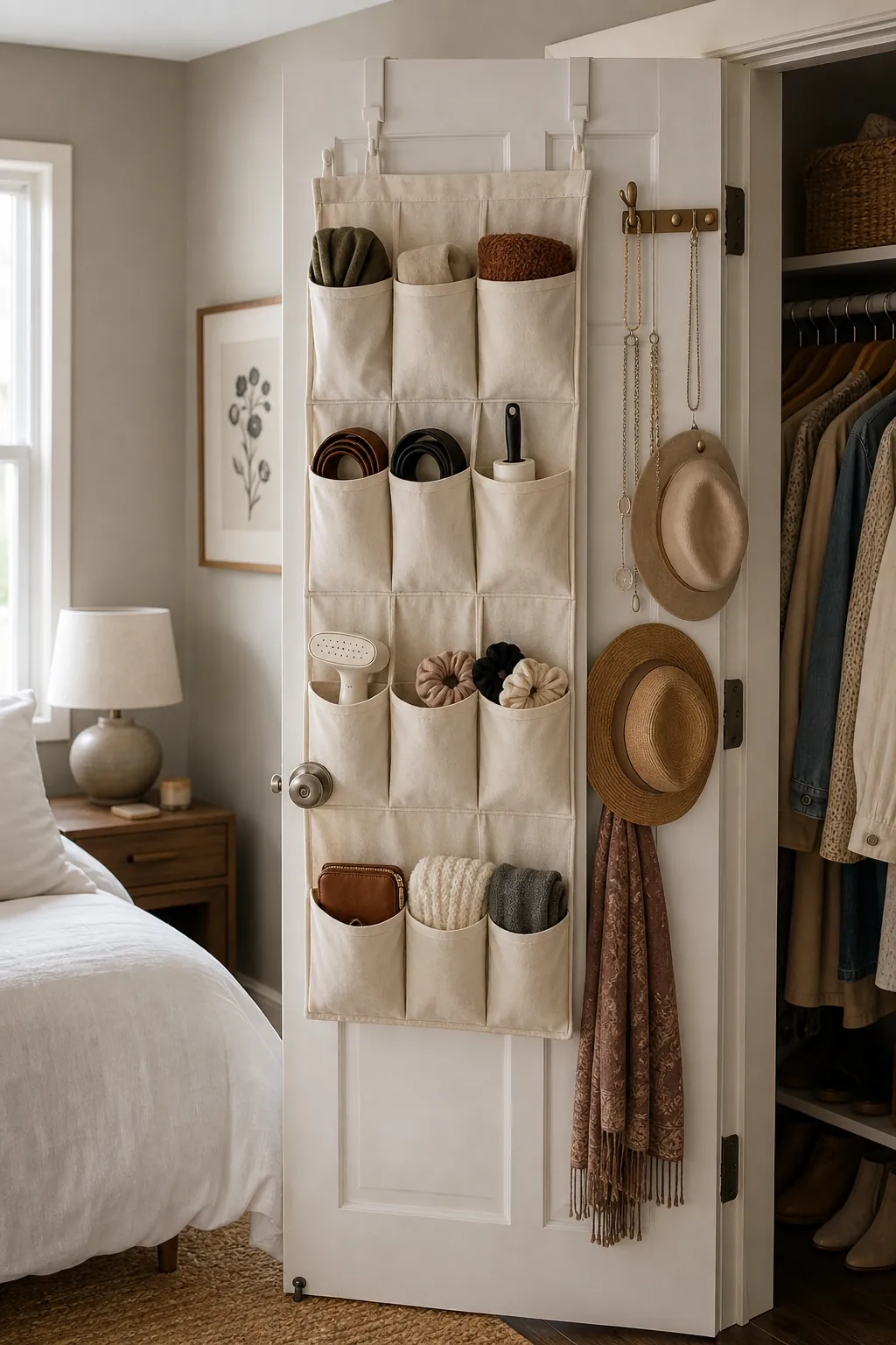 Bedroom closet door with fabric pocket organizer for scarves belts hats and accessories