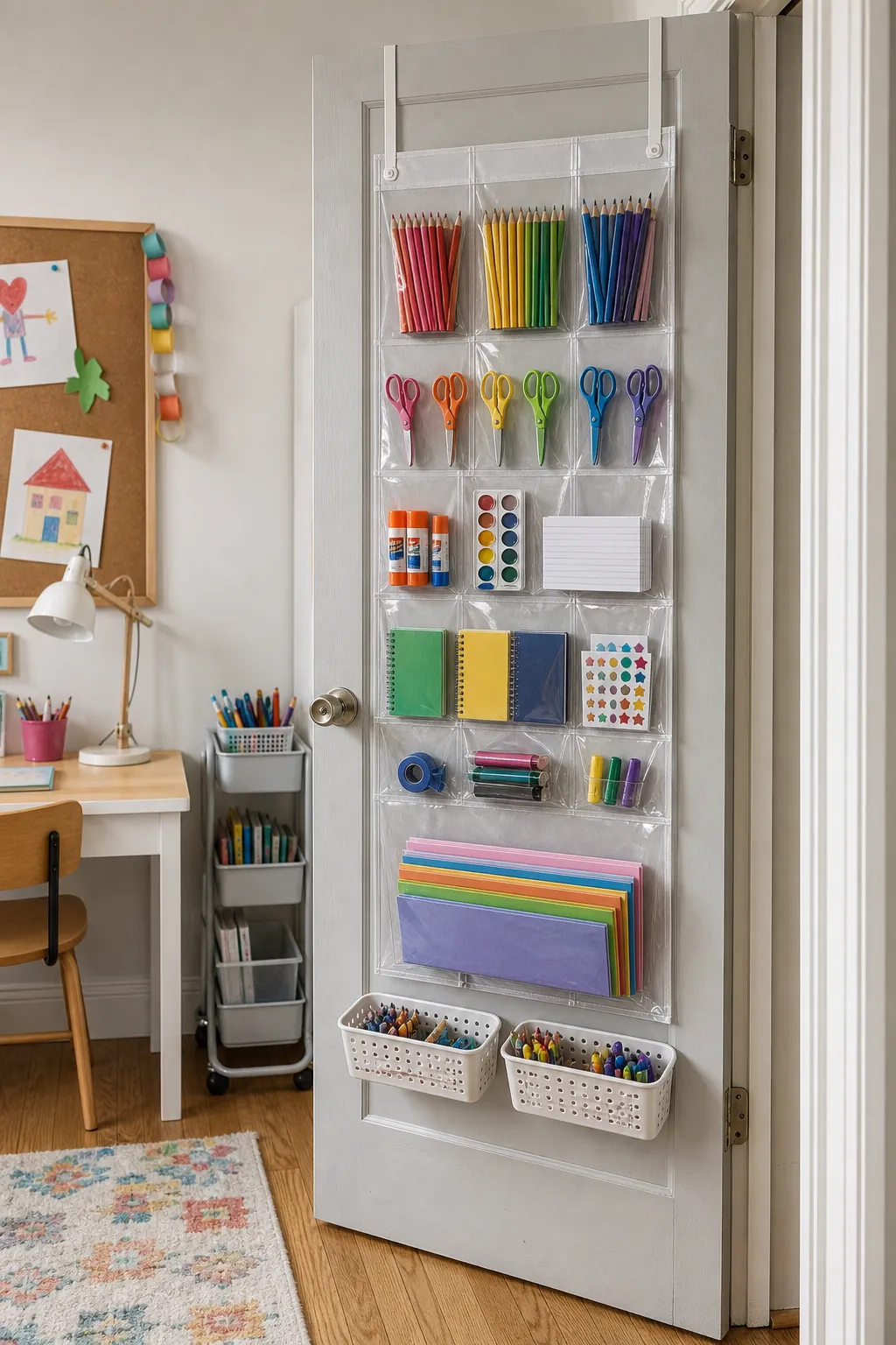 Kids craft supplies organized in clear pockets on the back of a door