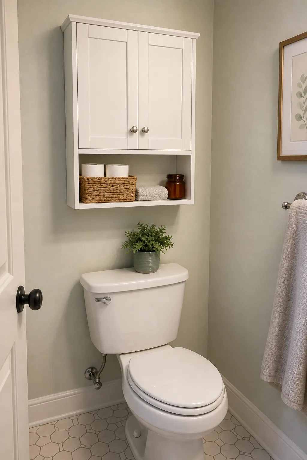 Shallow white over toilet storage cabinet with closed doors in a small bathroom