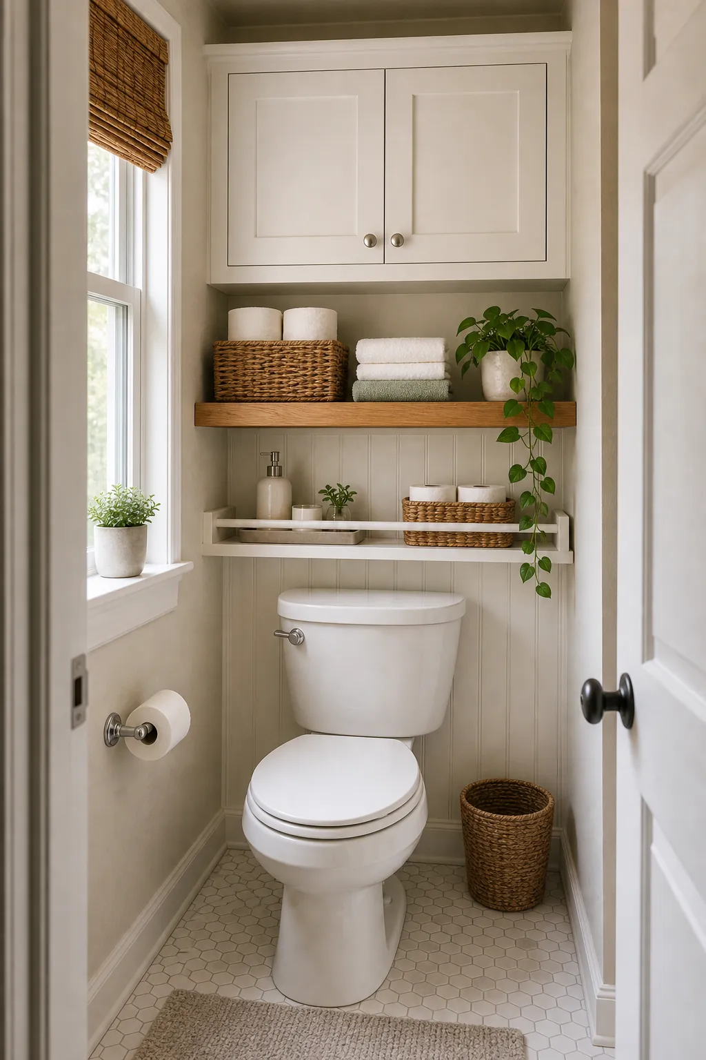 DIY over toilet storage in a small bright bathroom with shelves cabinet baskets and towels