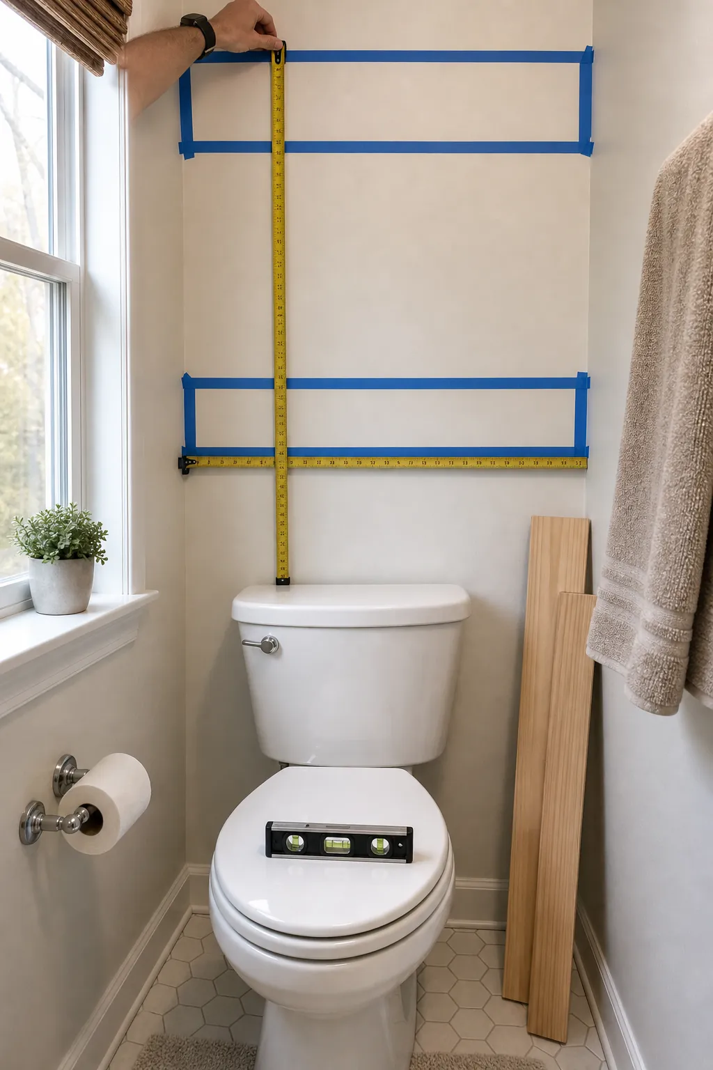 Measuring wall clearance for DIY over toilet storage shelves in a small bathroom